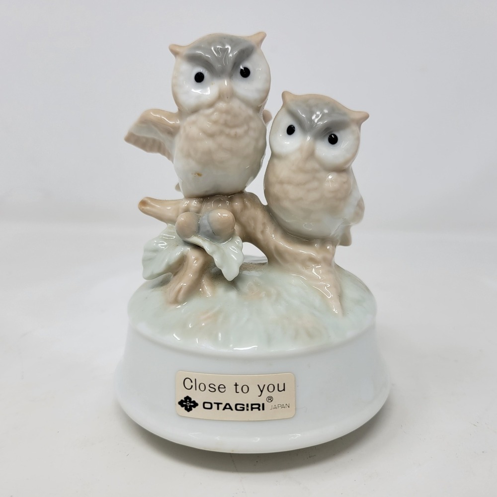 Vintage Otagiri Japan Porcelain Owl Music Box Close to You Glazed Tan Gray 4.5"